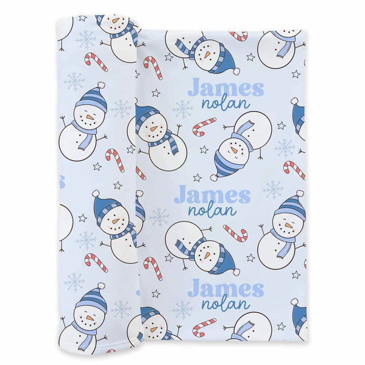 blue snowman personalized swaddle blanket for babies