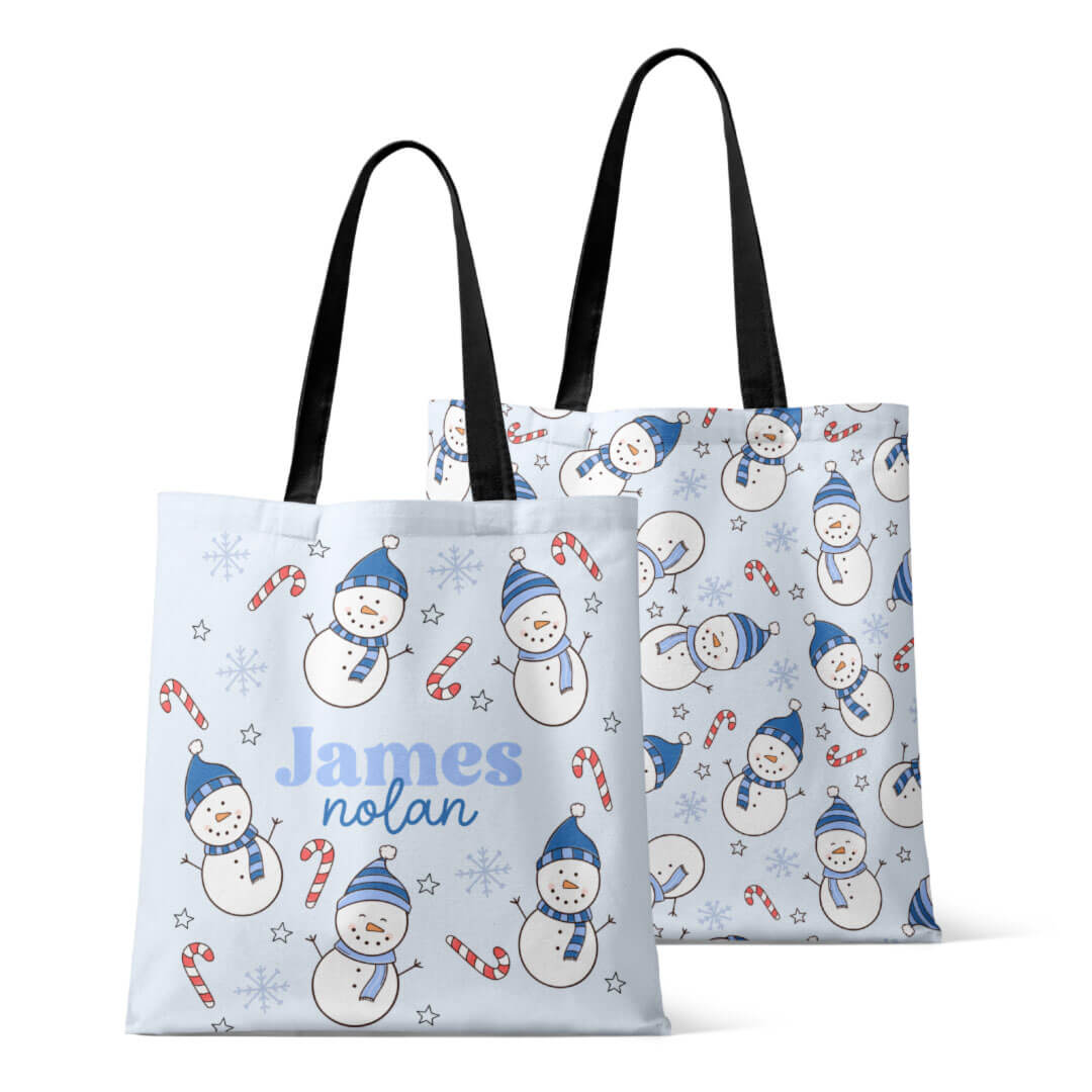 blue snowman personalized tote for kids