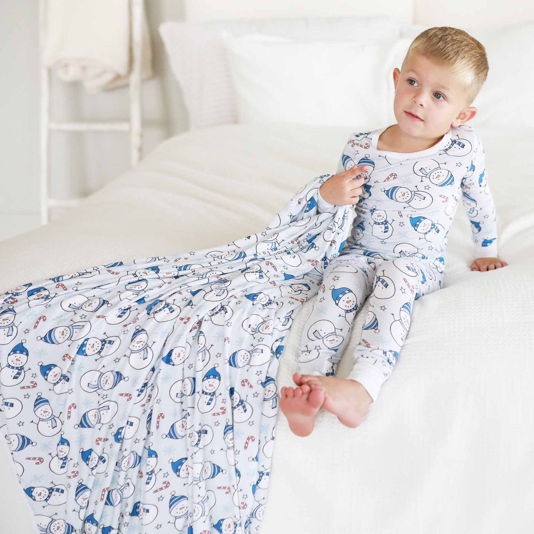 blue snowman double sided bamboo blanket for boys