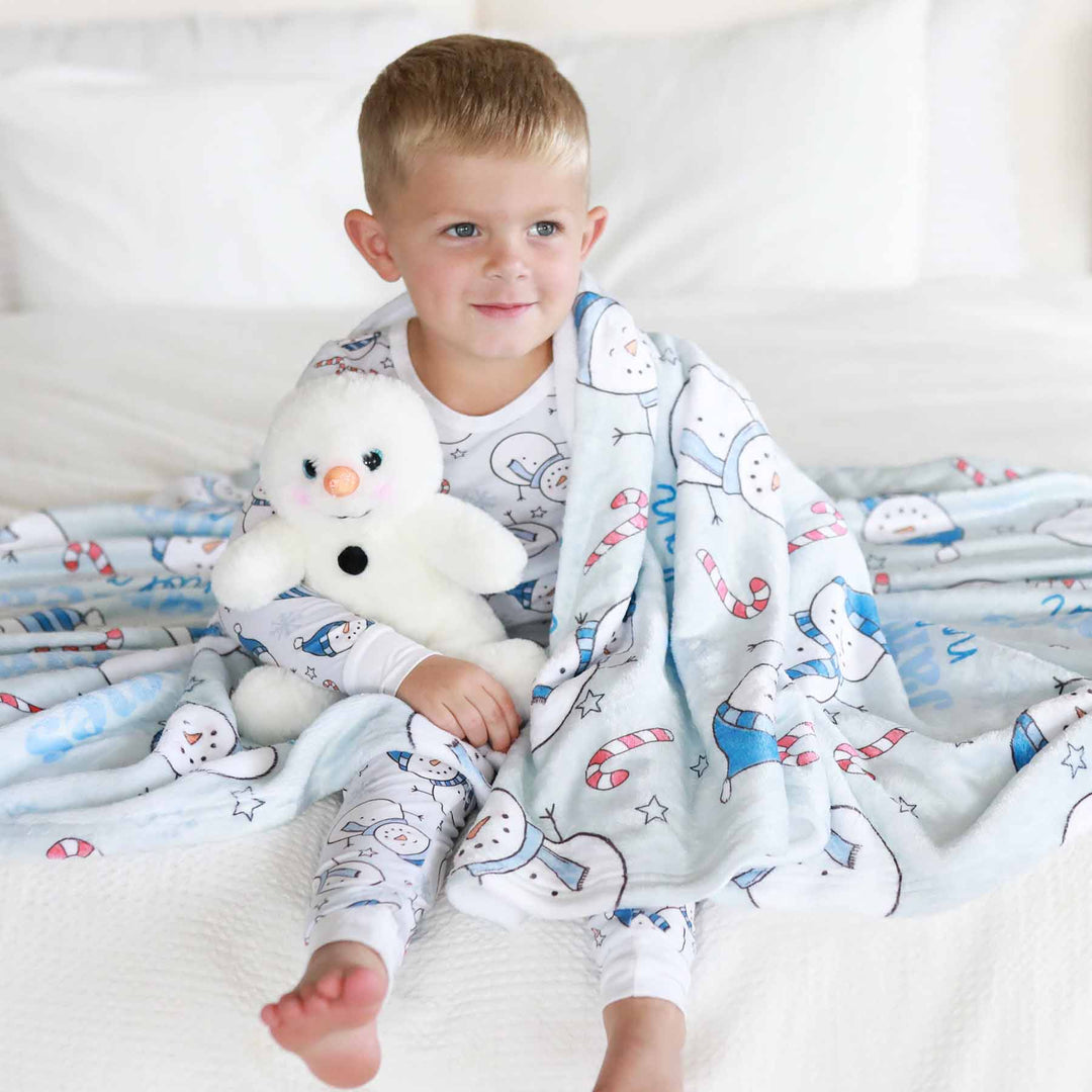 kids personalized christmas blanket blue with snowmen 