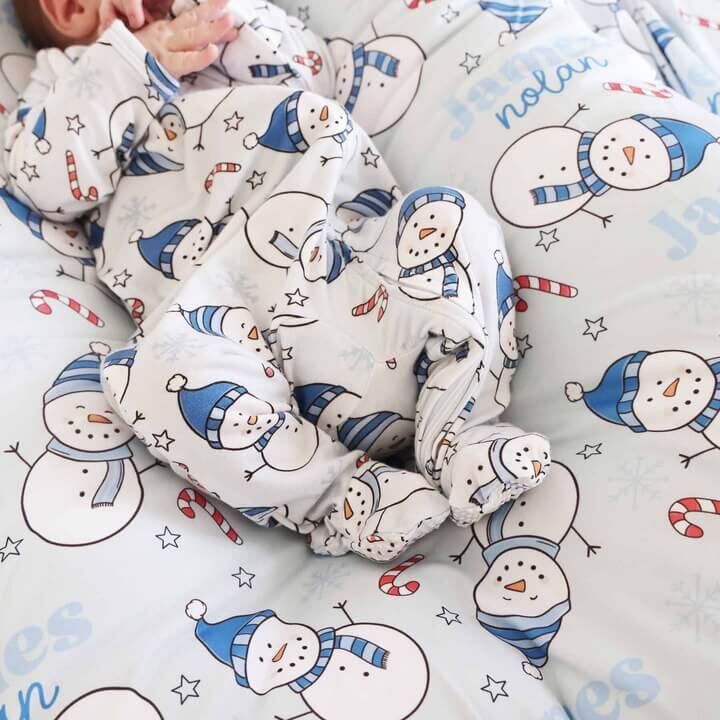 baby personalized swaddle blanket for christmas blue snowmen 