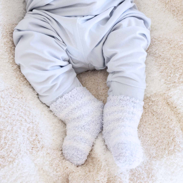 blue and white stripe fuzzy socks for babies