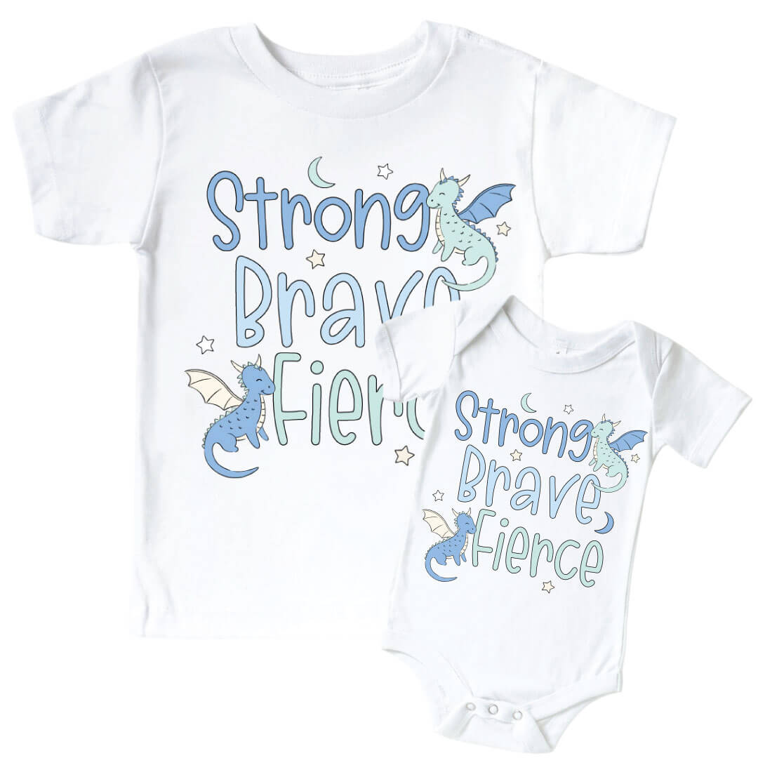 Strong, Brave, Fierce Blue Graphic Bodysuit & Kids Tee | White