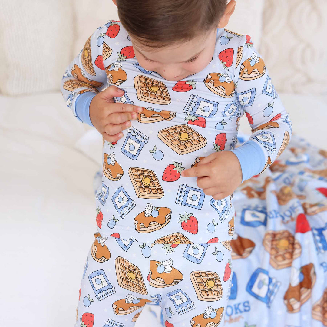 caden lane bamboo viscose pajamas for boys with pancakes, waffles, jelly and fruit
