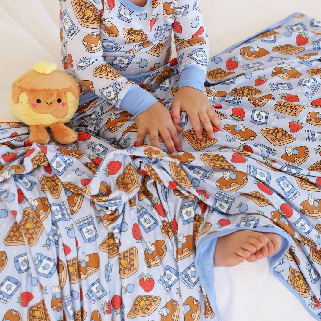 pancake, waffle, jam and fruit blue bamboo blanket for kids 