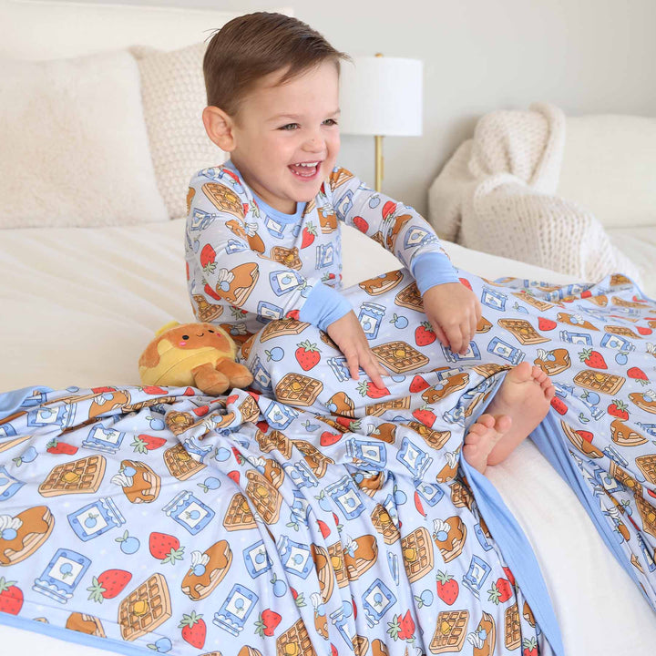 blue breakfast themed double sided bamboo blanket for boys with matching pajamas 