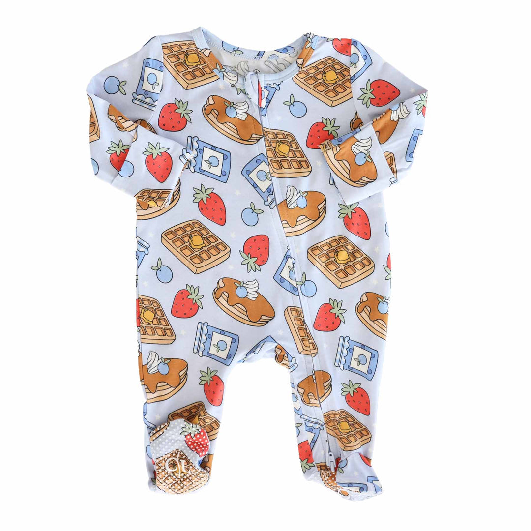 blue breakfast themed footie for babies 