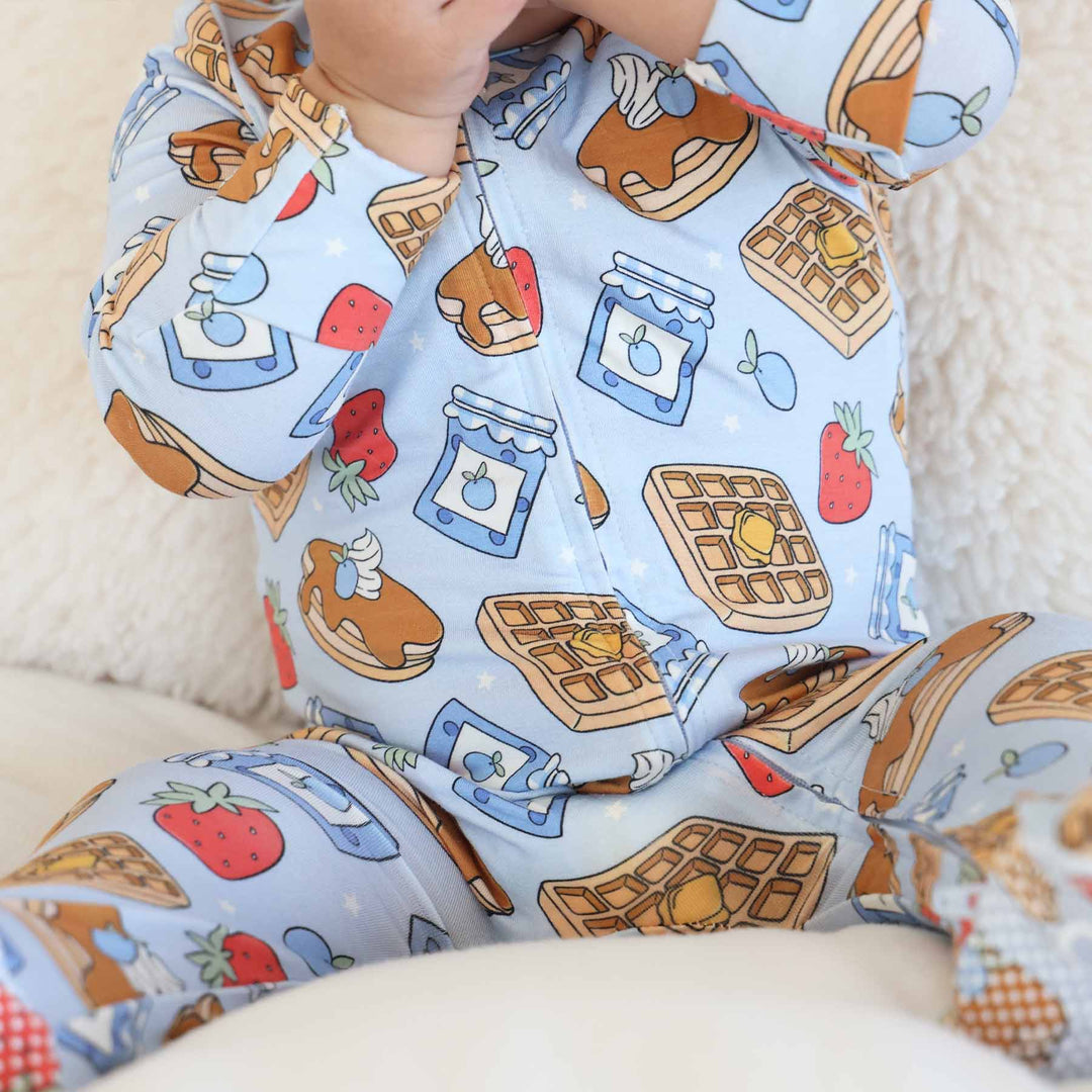 pancake, waffle, fruit and jelly blue footie for baby boys 