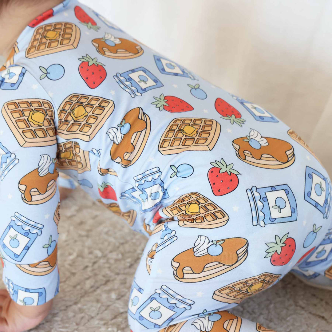 blue breakfast themed footie pajama for baby boys 
