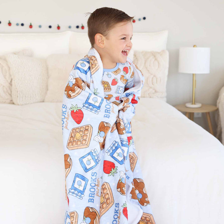 pancake, waffle, jelly and fruit blue personalized name blanket for boys 
