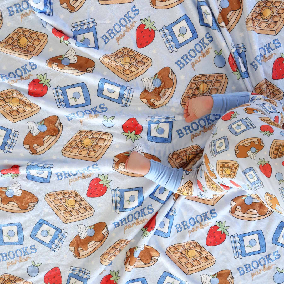 breakfast themed personalized blanket for kids with matching convertible zip romper pajama 