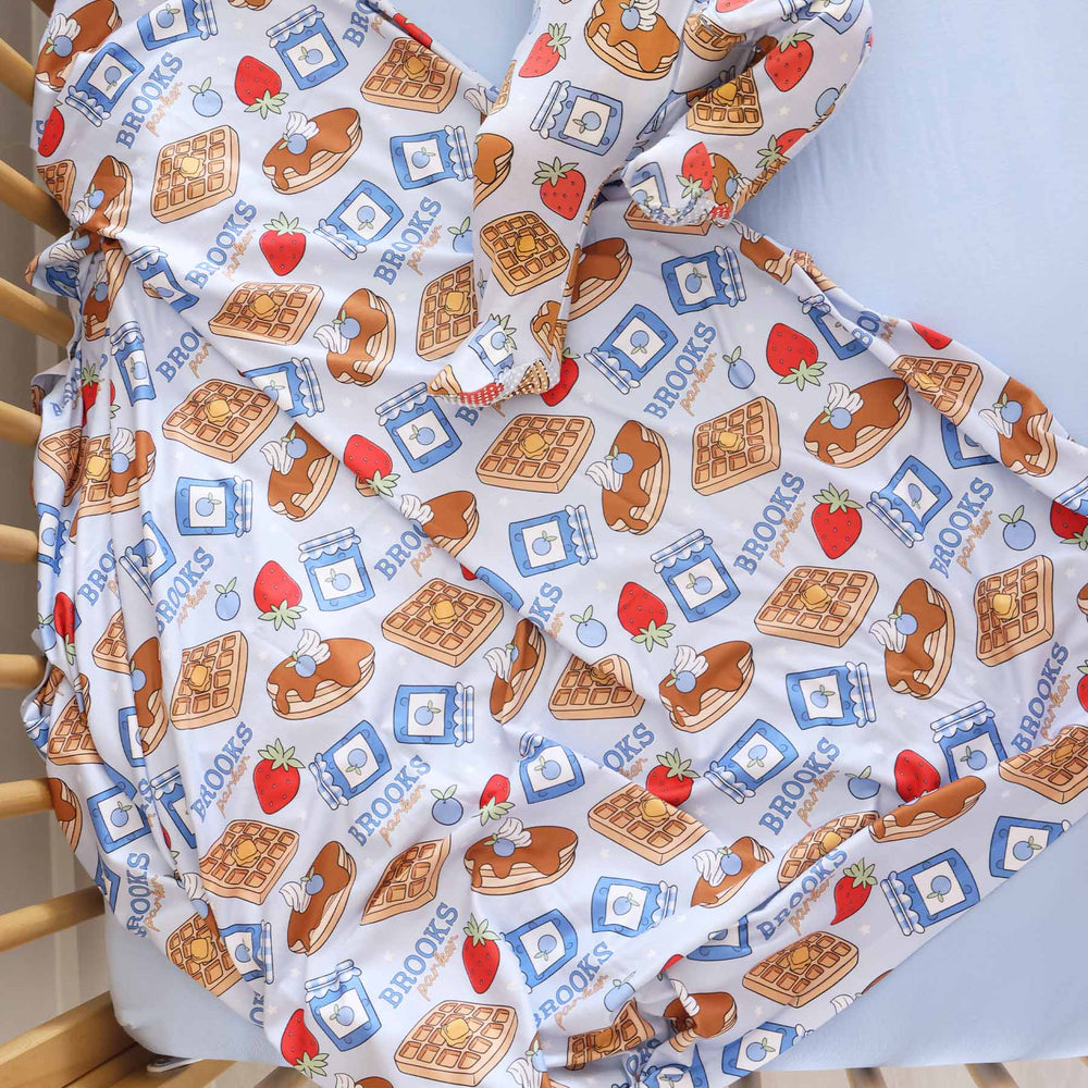 blue breakfast themed swaddle blanket for baby boys 