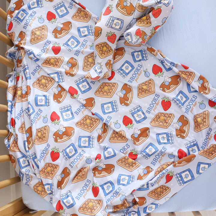 blue breakfast themed swaddle blanket for baby boys 