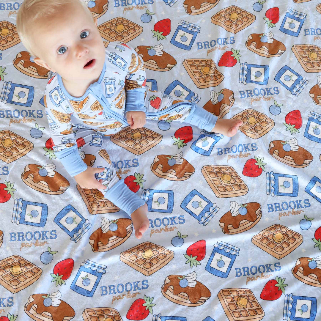 pancake, waffle, jelly and fruit personalized blanket for boys blue 