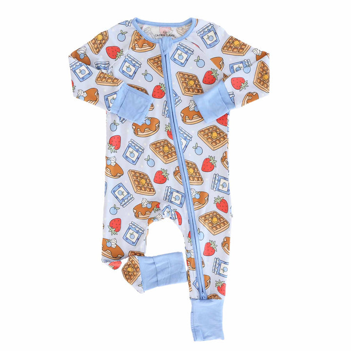 breakfast themed convertible zip romper pajama for baby and toddler boys 
