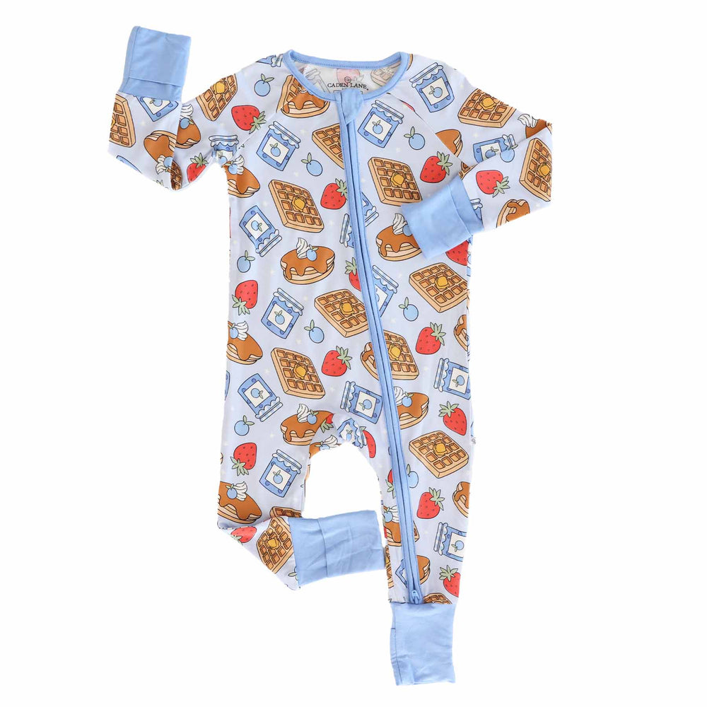 pancake and waffle themed convertible zip romper pajama for baby and toddler boys 