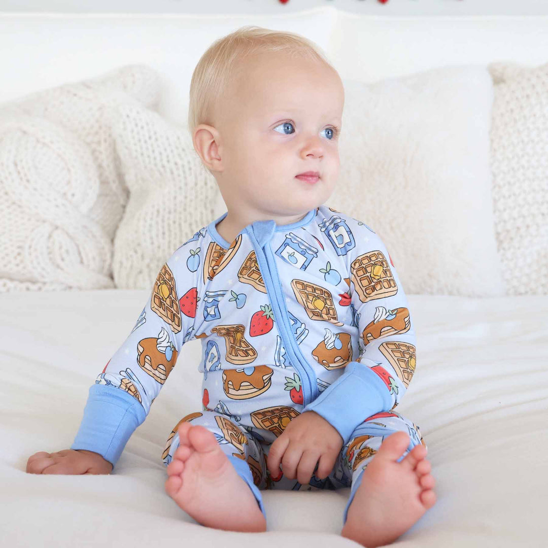 caden lane bamboo viscose breakfast themed blue convertible zip romper