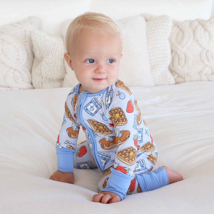 blue sweet stacks zip romper pajama for baby and toddler boys 