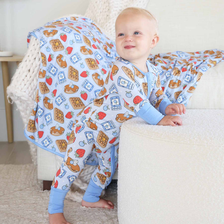 blue sweet stacks convertible zip romper sibling matching pajamas