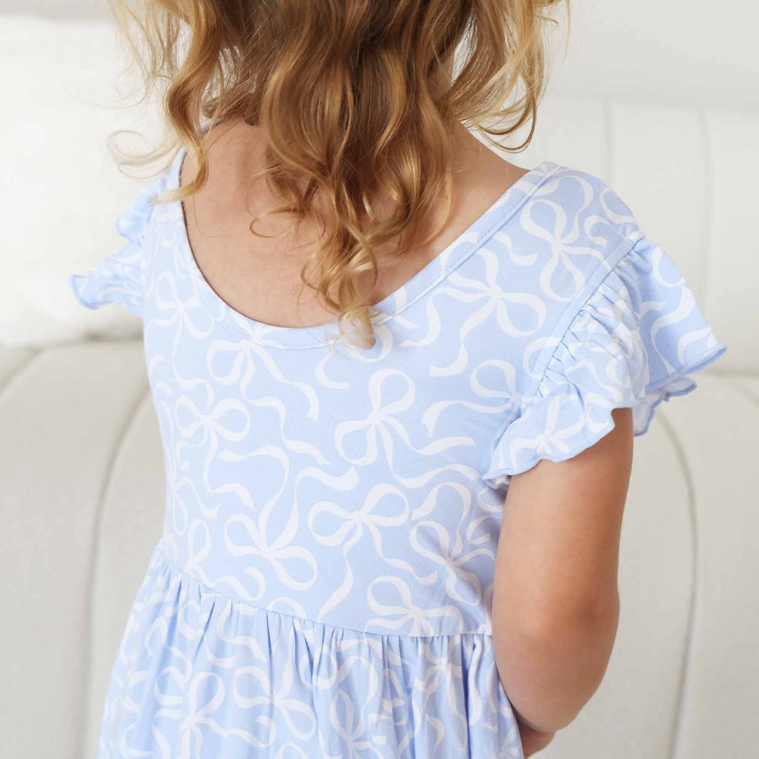 scoop back blue-tiful bows ruffle sleeve dress for girls 