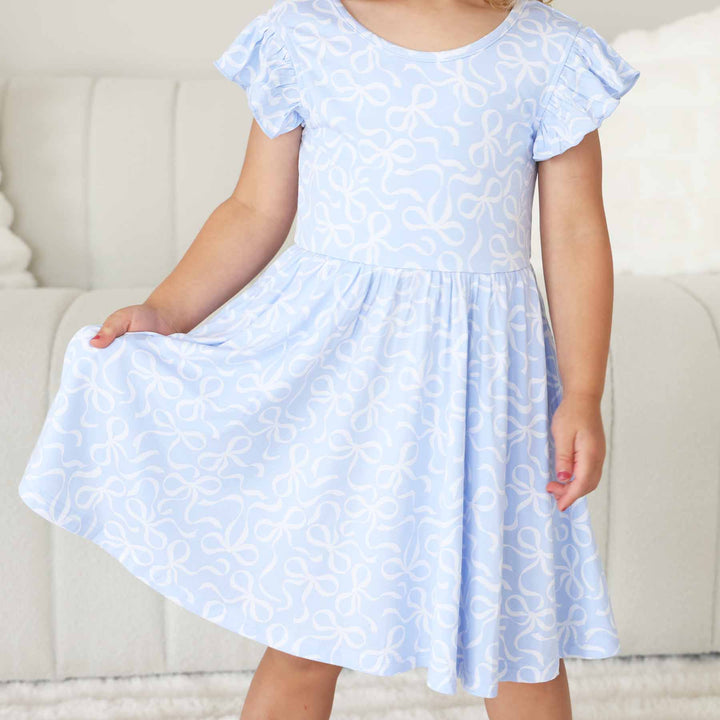 blue-tful bows ruffle sleeve knee-length bamboo dress for girls 