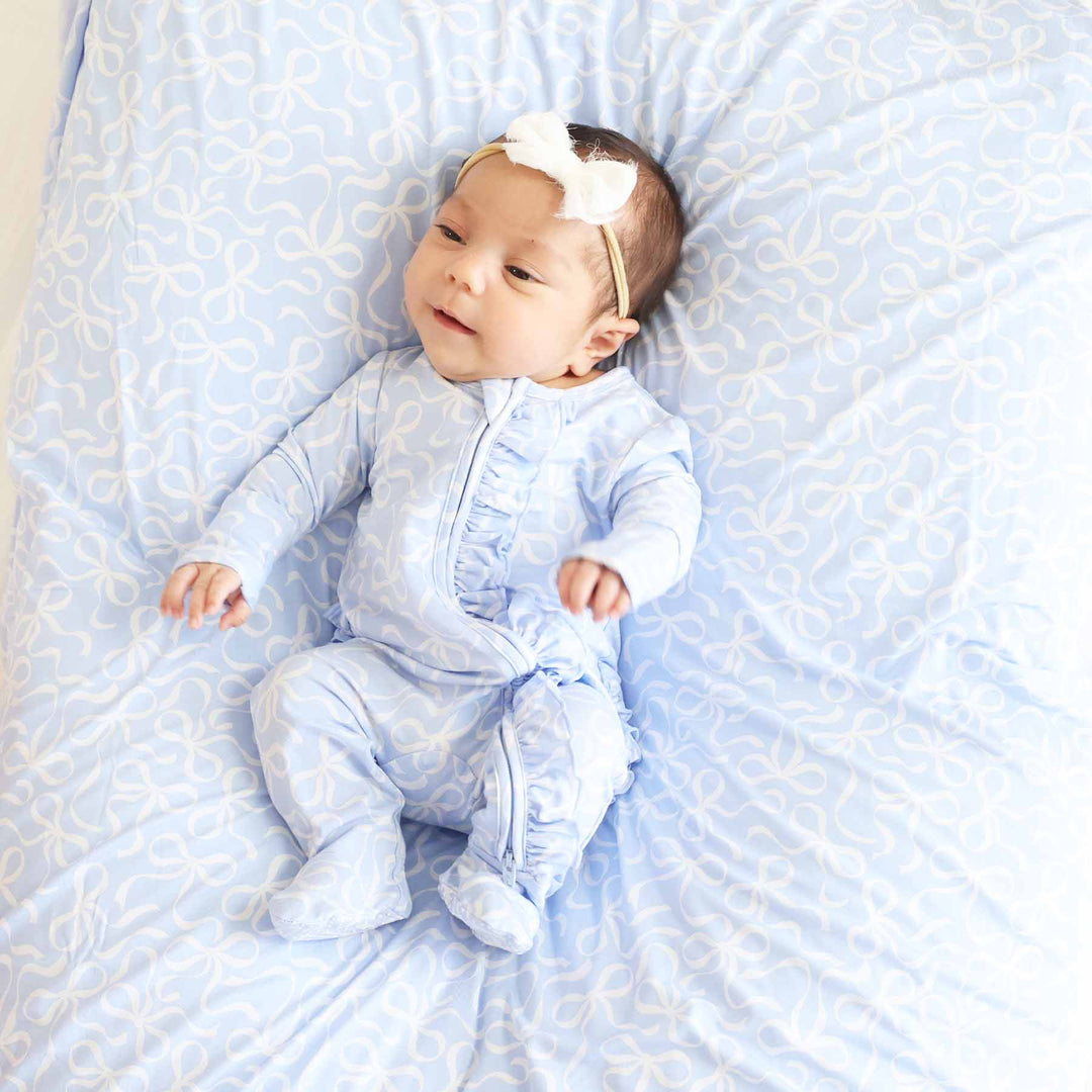 ruffle zipper footie pajama for girls light blue and white bows