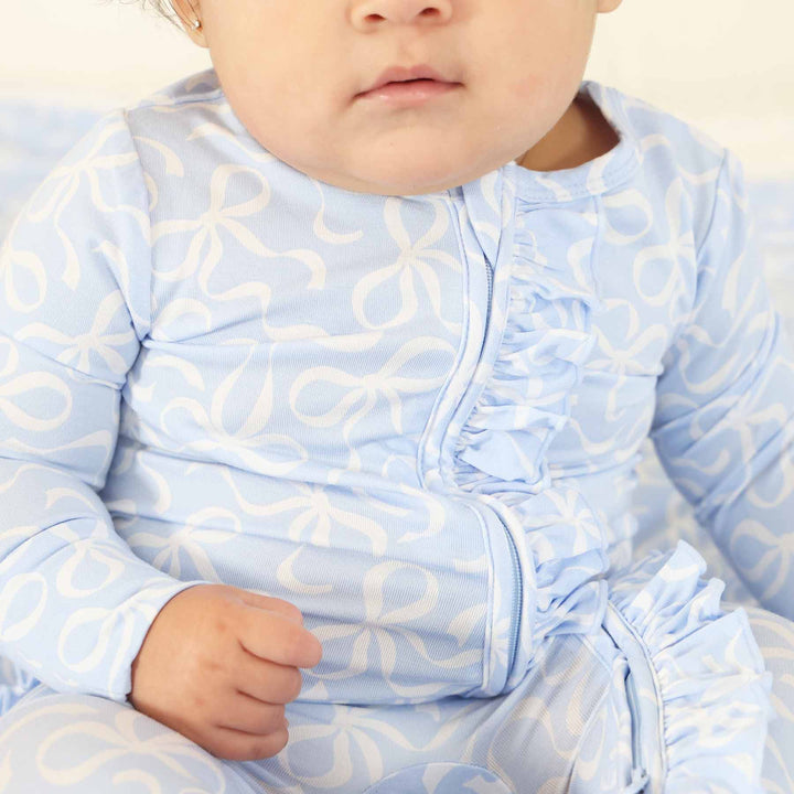 light blue and white ruffle zipper footie pajama for girls 