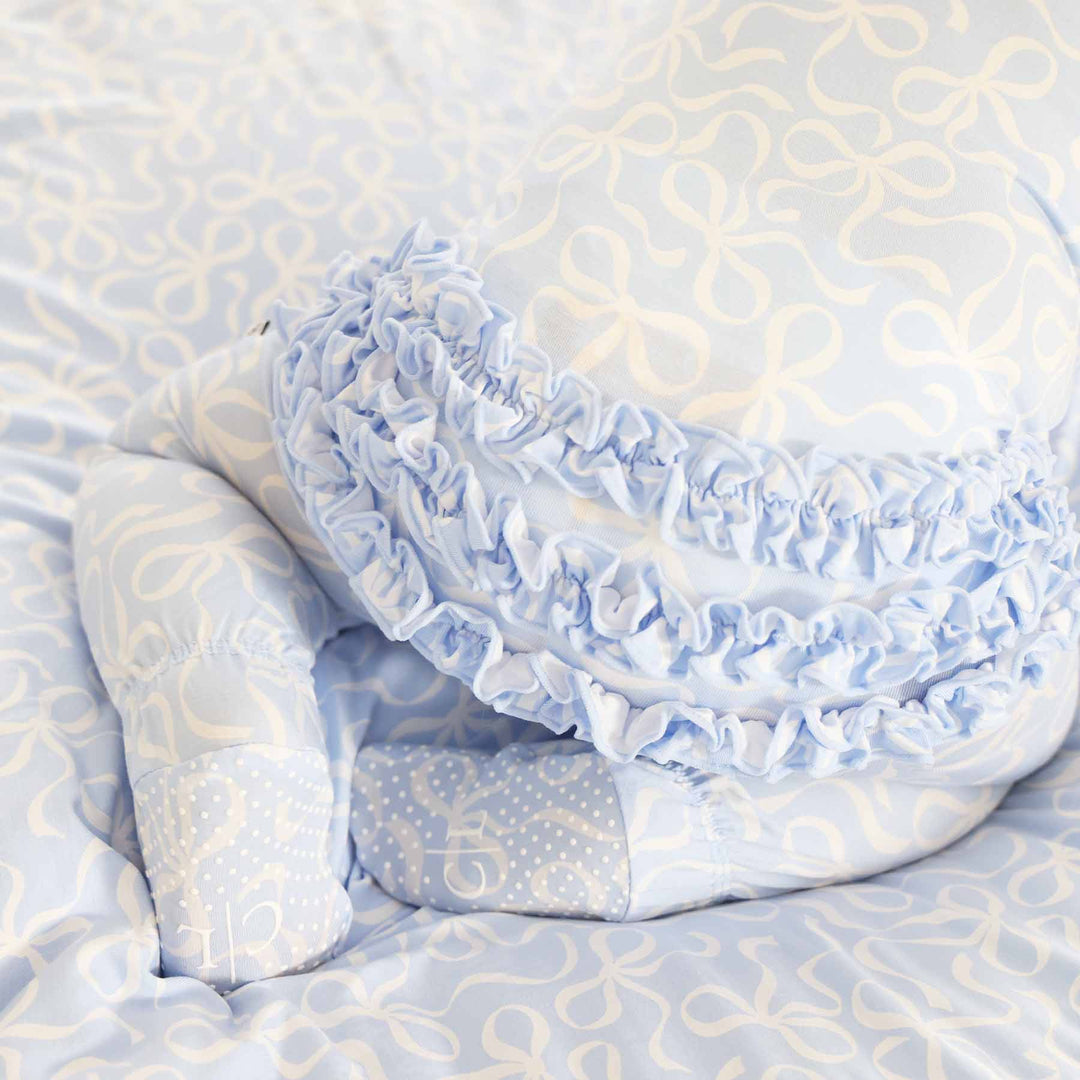 light blue and white ruffle zipper footie for newborn and baby girls 