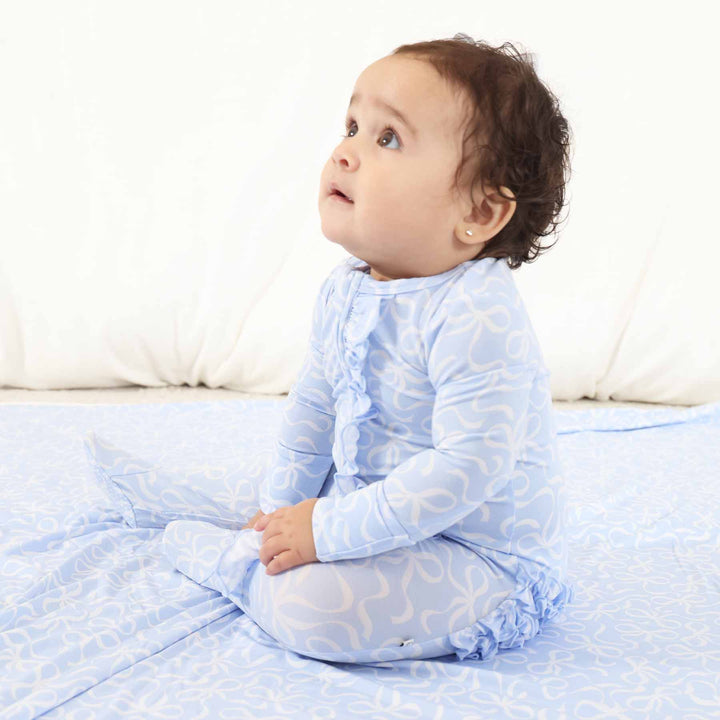 Blue-tiful Bows Ruffle Zipper Footie