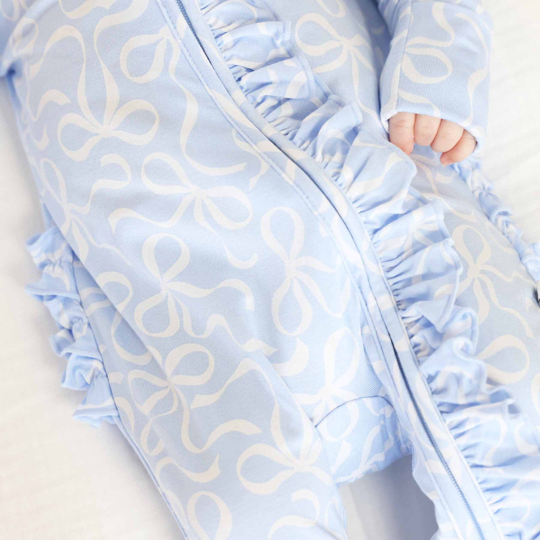 blue and white ruffle bow footie for baby girls 