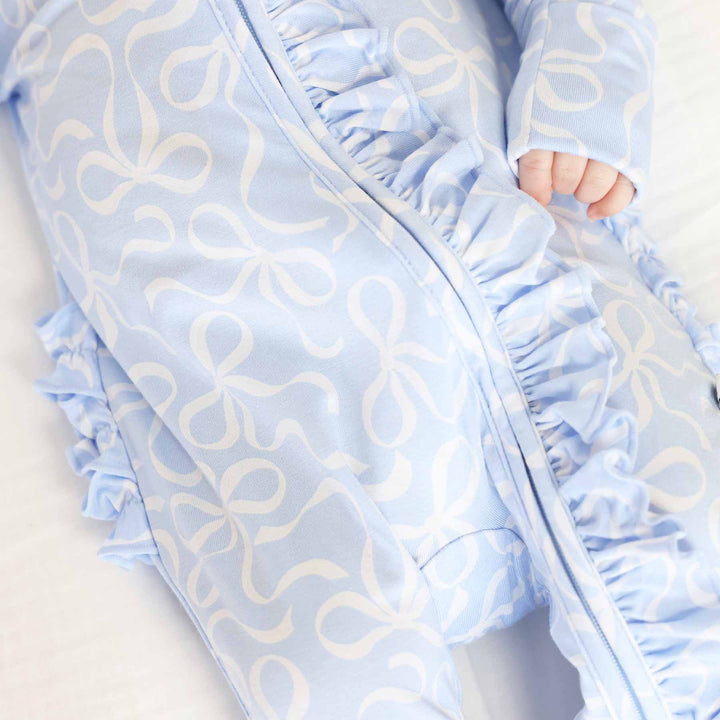 blue and white ruffle bow footie for baby girls 