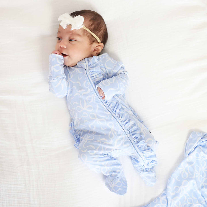 blue and white bow footie with ruffles