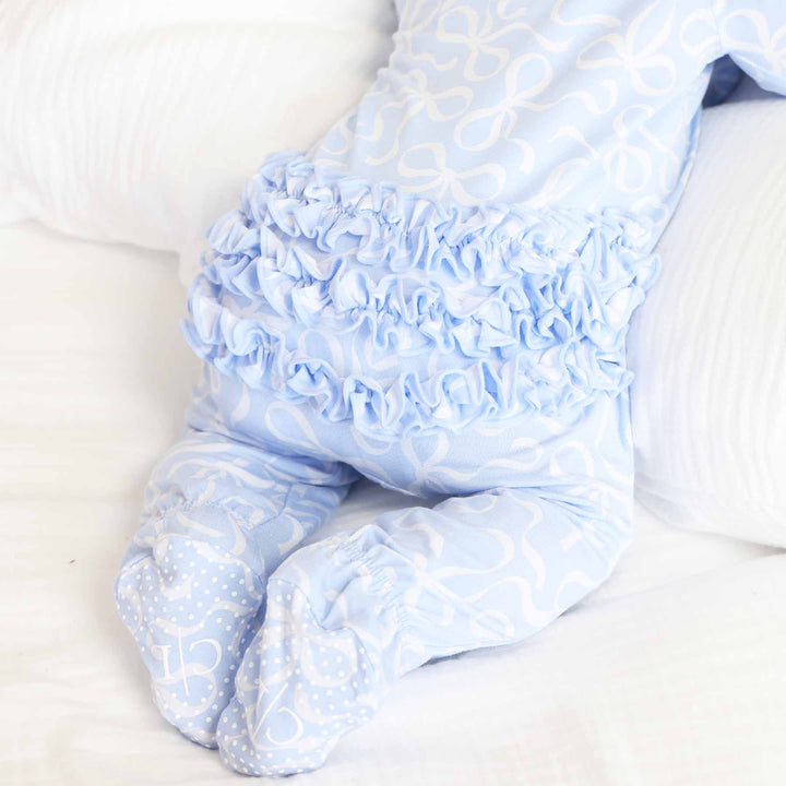 blue-tiful bows ruffle zipper footie 