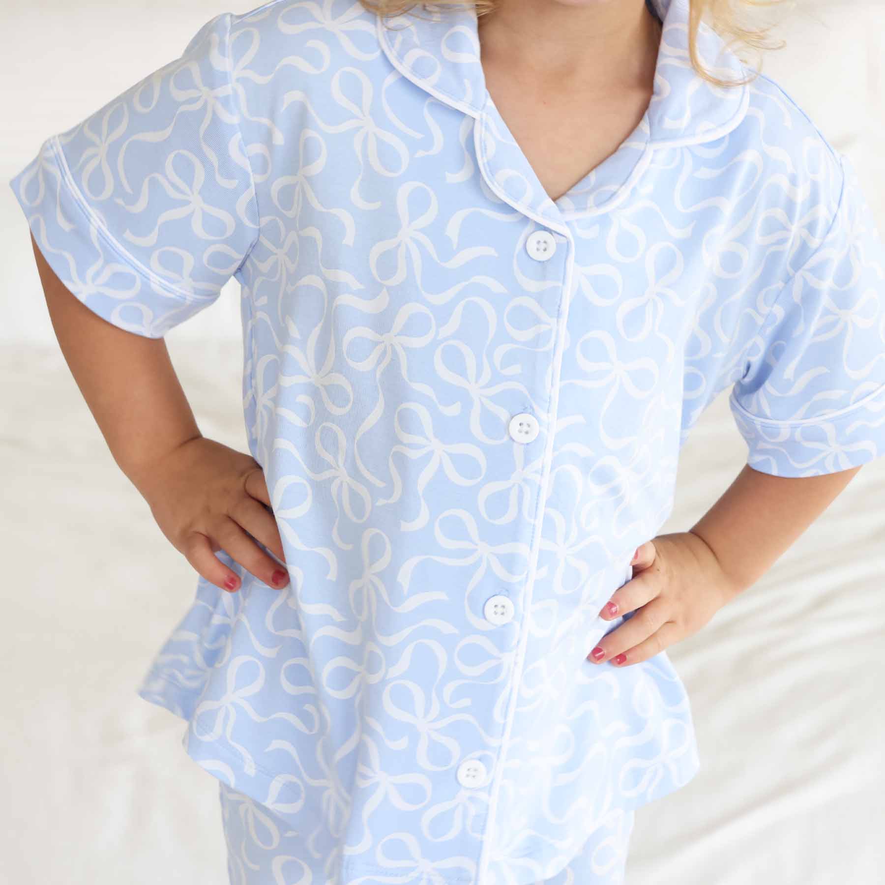 Girl's Two Piece Flare Lounge Set | Blue-tiful Bows