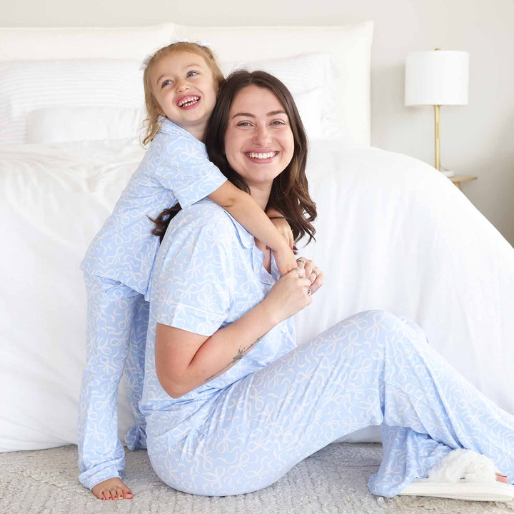 light blue with white bows two piece button up lounge flare set for women