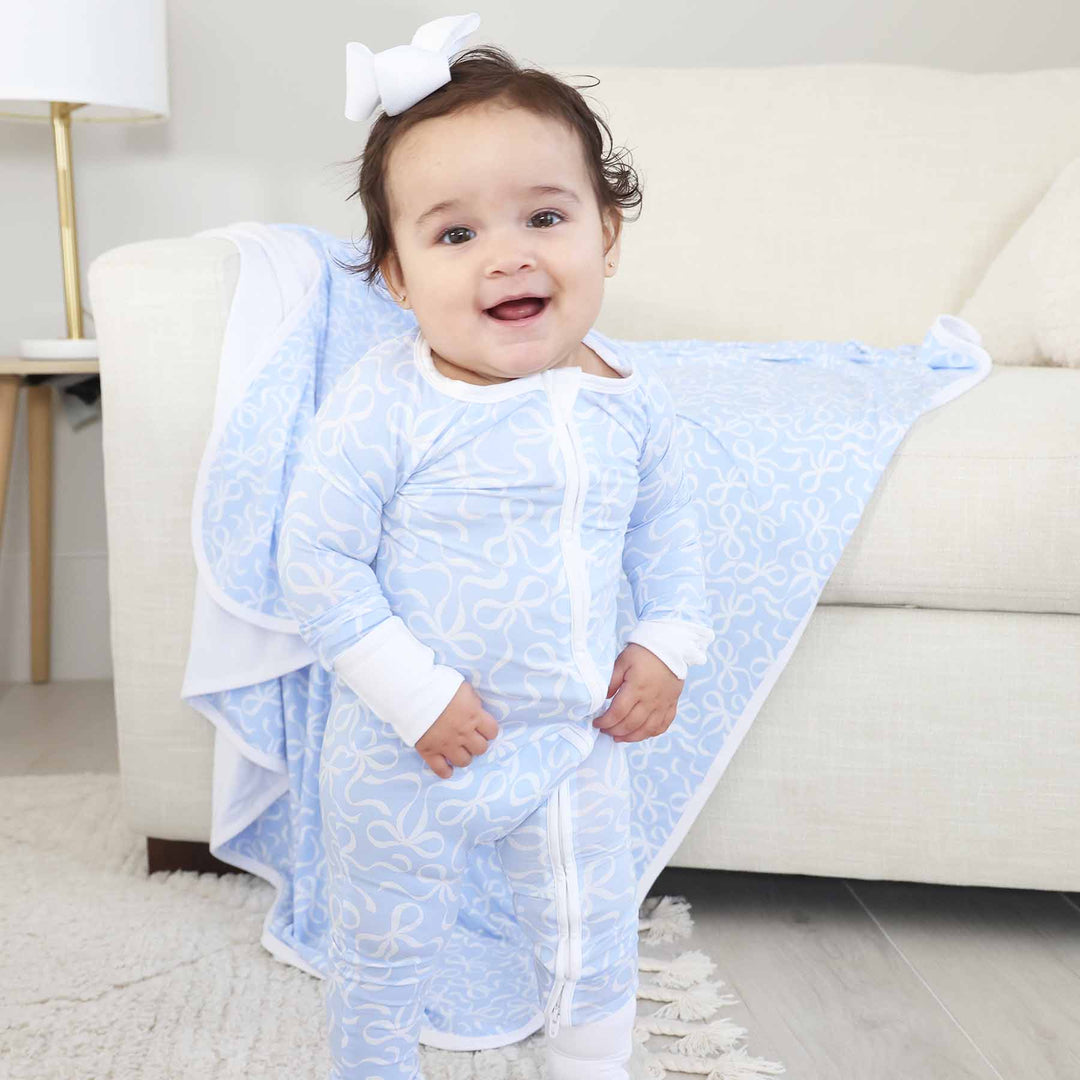 girl convertible zip romper pajama light blue with white bows 