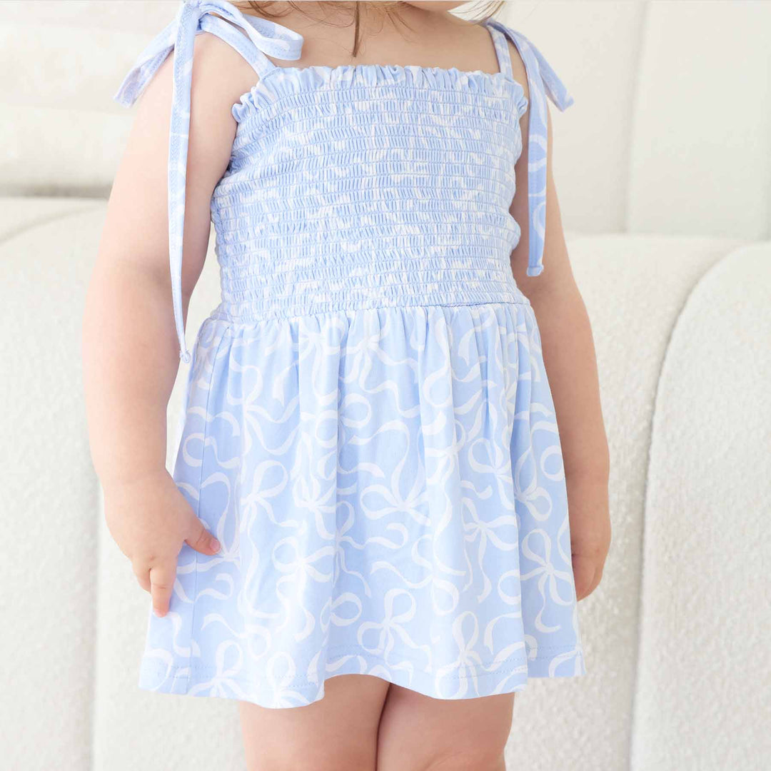 light blue and white twirl bodysuit for girls with bows
