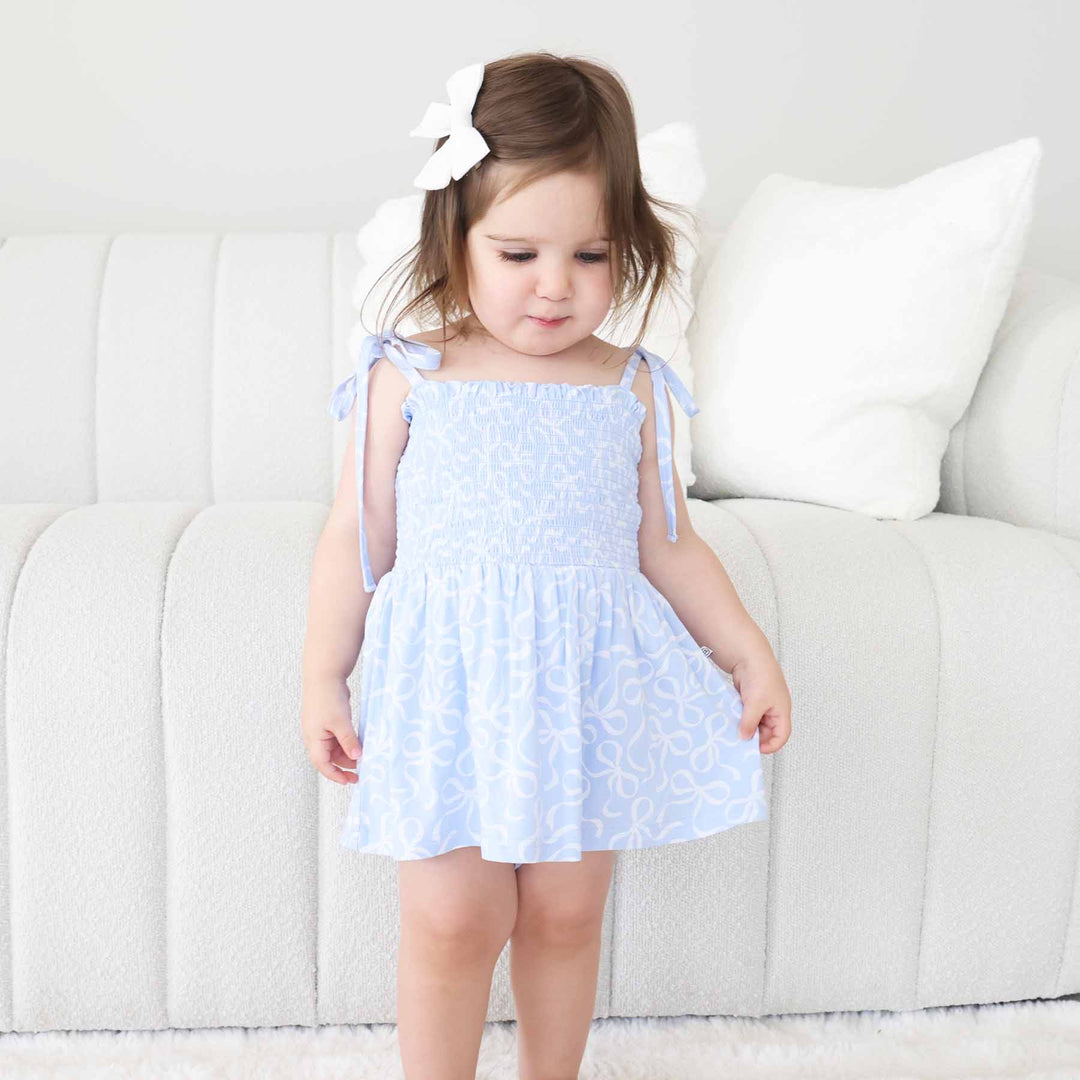 light blue and white bow spaghetti strap bodysuit for girls 