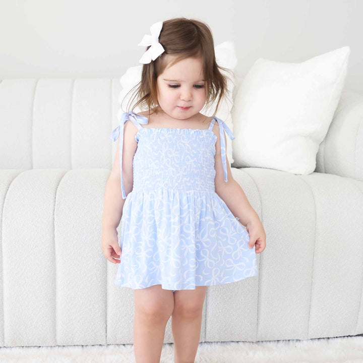 light blue and white bow spaghetti strap bodysuit for girls 