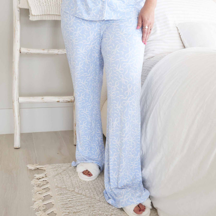 white bows on white blue flare pant button up lounge set for women 