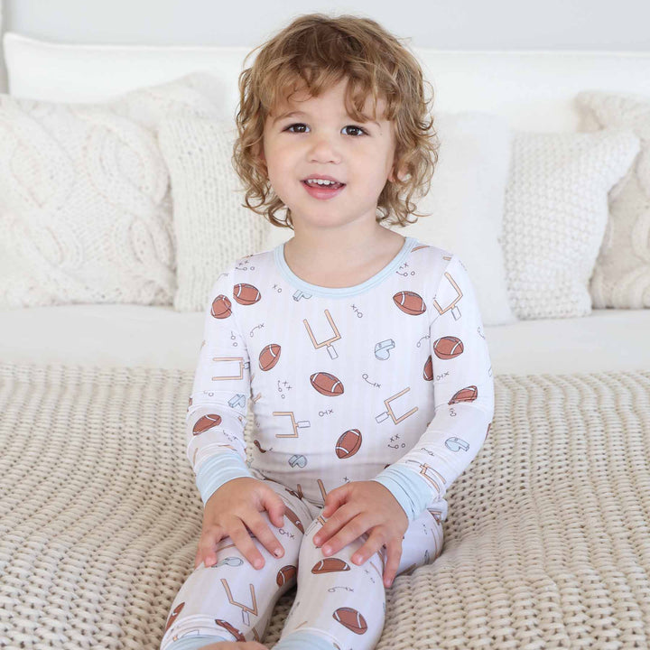 blue football two piece pajama set for boys bamboo viscose 