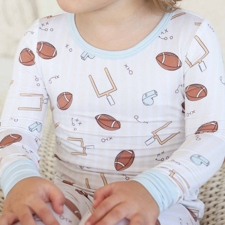 blue tiny touchdowns bamboo two piece pajama set for boys 