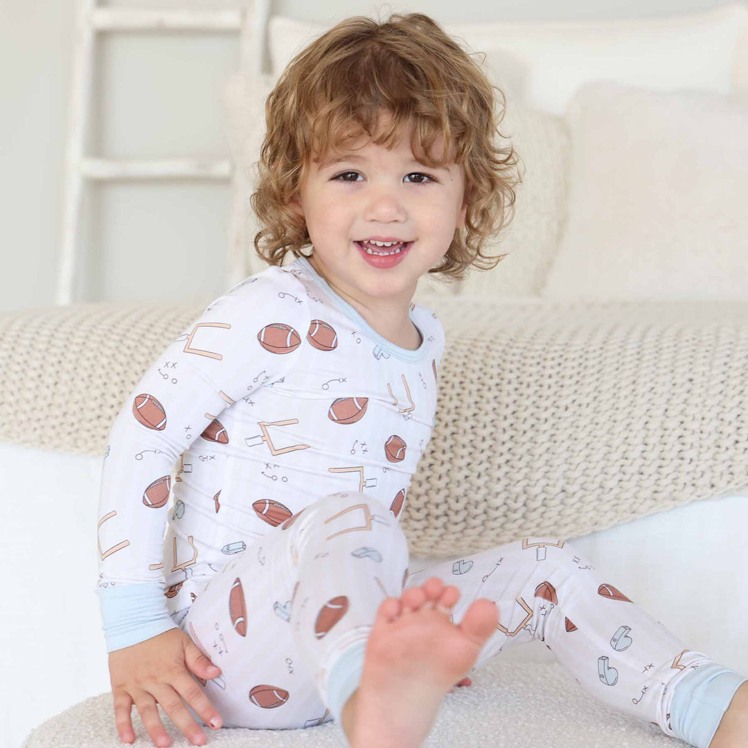 two piece neutral football bamboo viscose pajamas sibling matching 