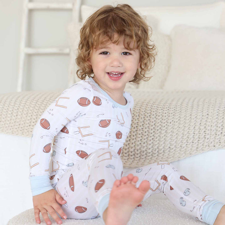 two piece neutral football bamboo viscose pajamas sibling matching 