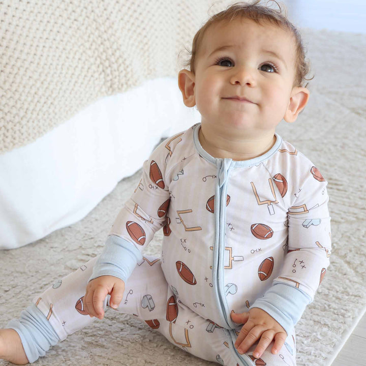 neutral tiny touchdowns striped zip romper 