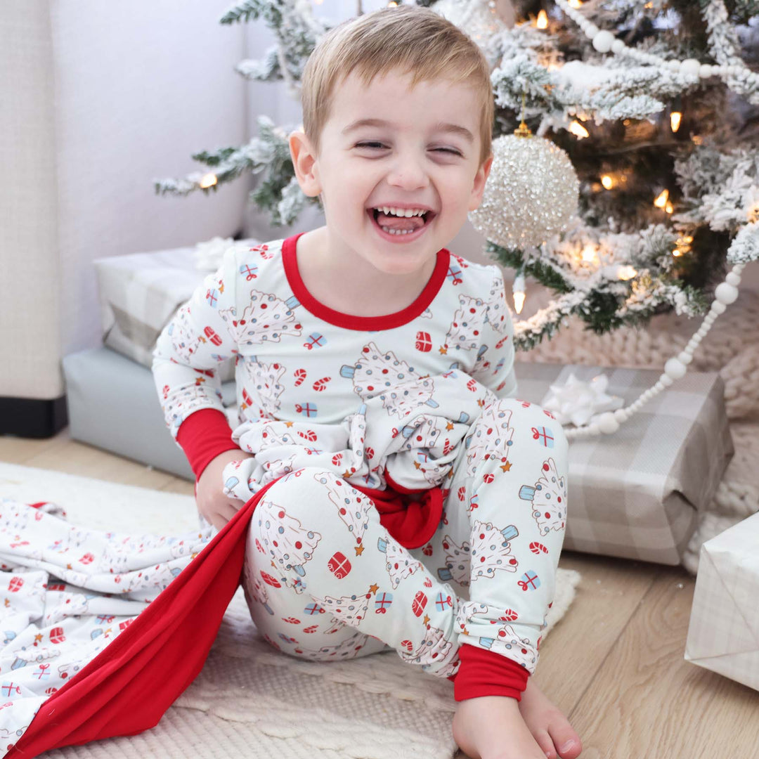 kid's christmas pajamas blue with red trim two pieces