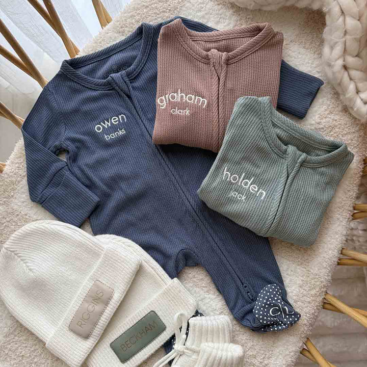 newborn waffle footies with monogram