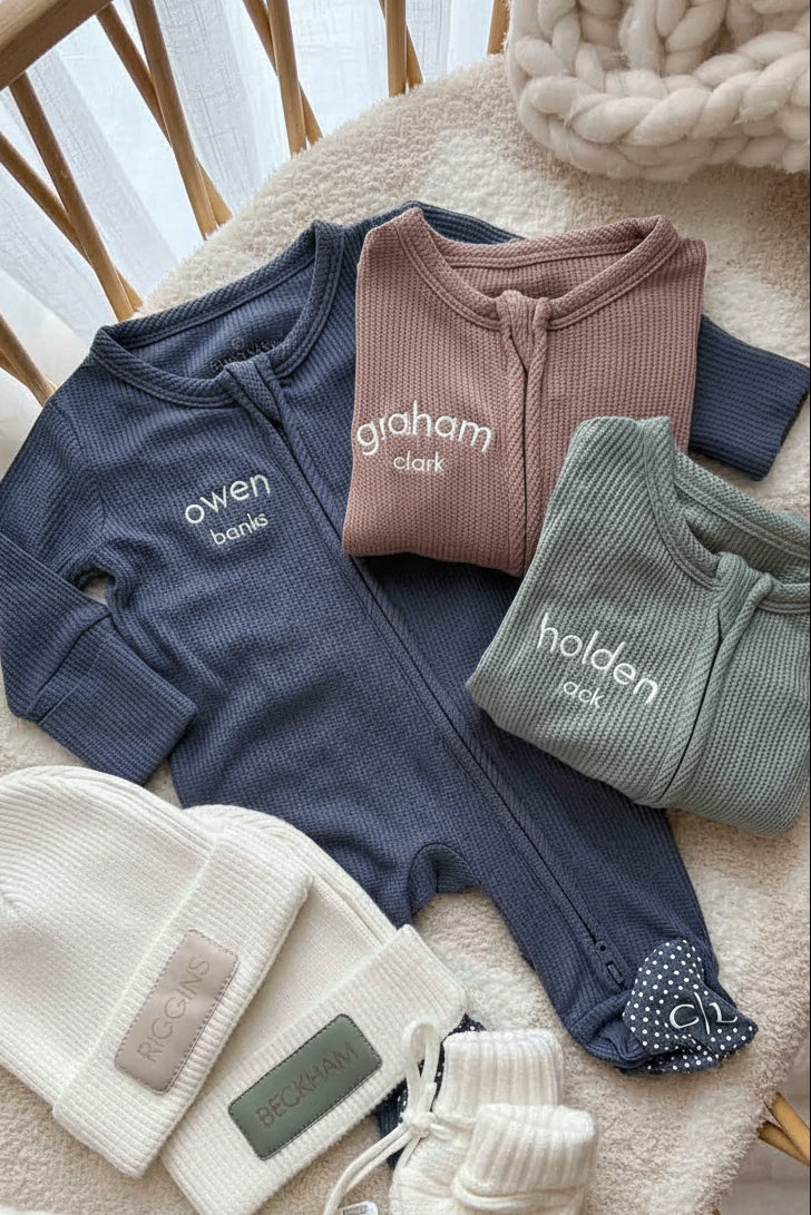 newborn waffle footies with monogram