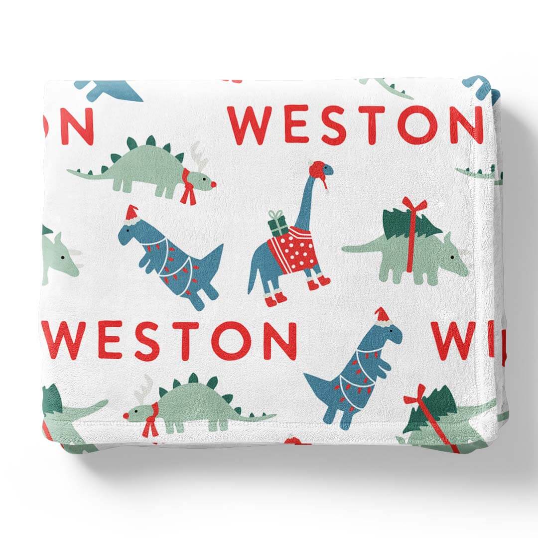 holiday dino blue personalized kids blanket 