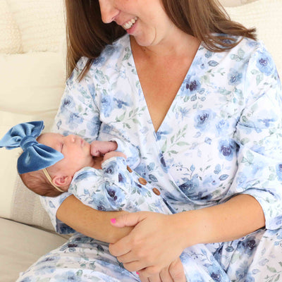 blue floral knit maternity robe